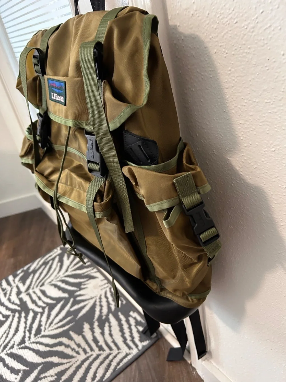 LL Bean Continental vintage 90s green nylon leather base military backpack